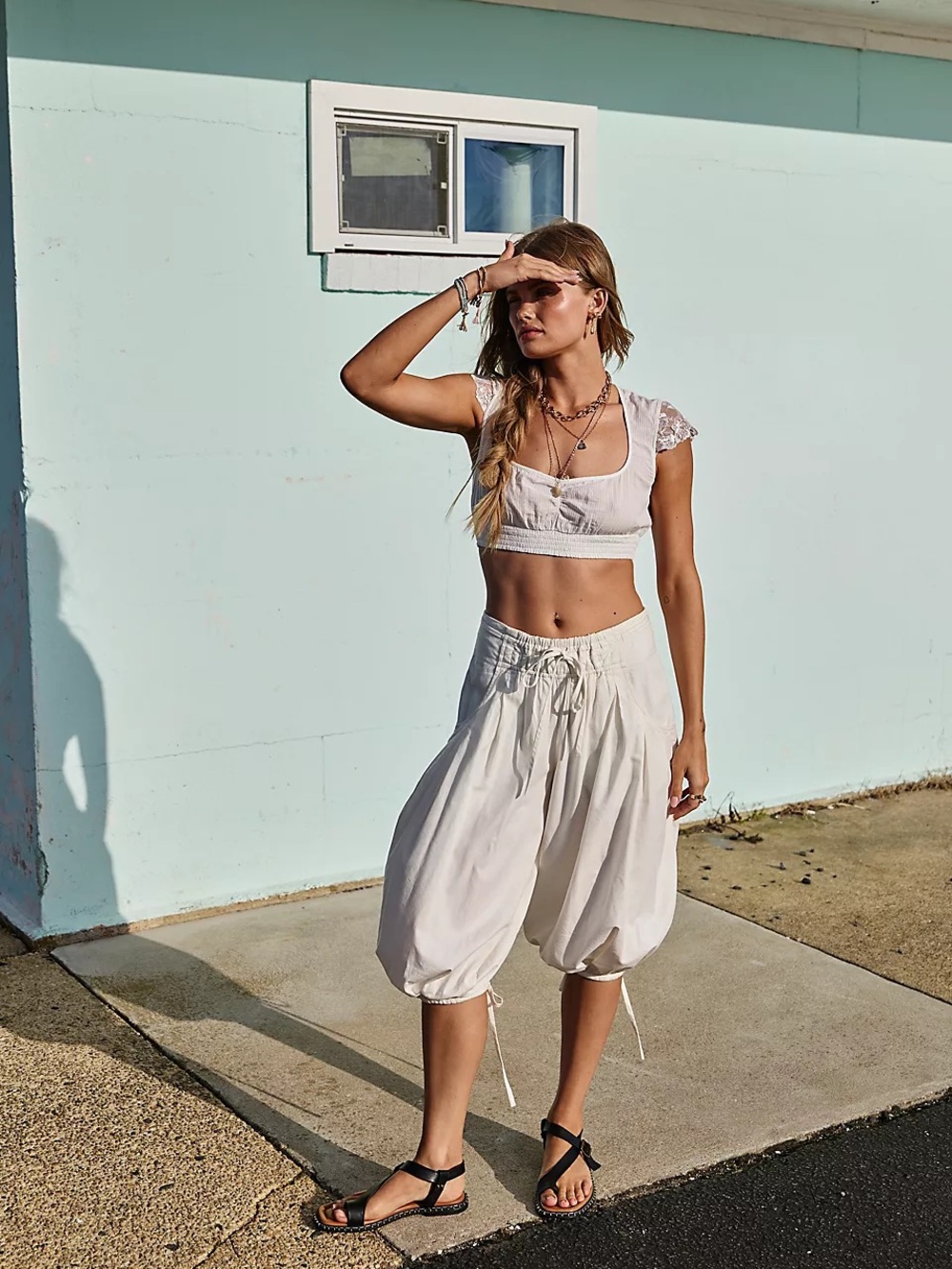 Free People Cream Wide-Leg Harem Pants with Drawstring Ankles